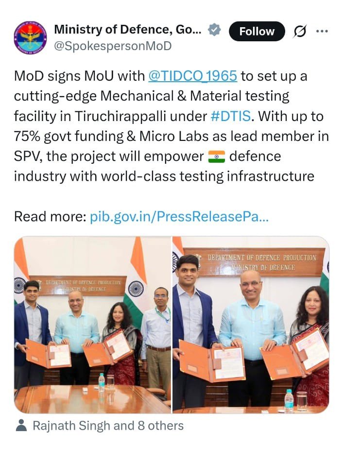 Updatestrichy2's tweet image. Ministry of Defence Today signed an MOU with TN TIDCO to setup a Cutting Edge Testing Facility for Mechanical and Material Domain in Trichy 👏🙌 #Trichy #Industry
It’s coming up in Thuvakudi Industrial Estate at the cost of 50 crs.