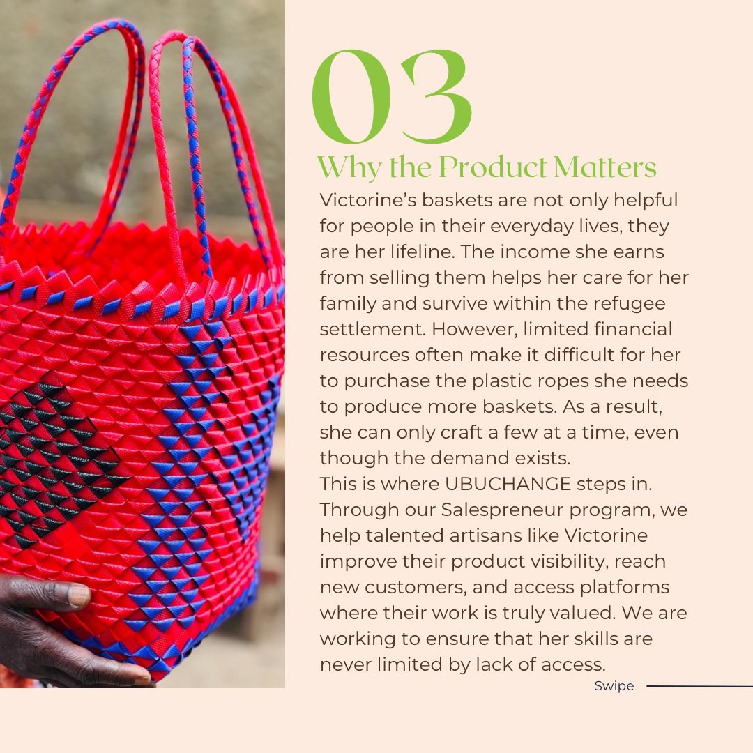Ubuchange (@changeubu) on Twitter photo Victorine, 60, turns culture into baskets in Kyaka II. She has the skill but lacks materials.
We help her sell, grow, and earn. Support refugee talent.
Read her story: linkedin.com/posts/ubuchang…
#UBUCHANGE #Salespreneur #RefugeeMakers #MadeInAfrica <a href="/AfricaAmahoro/">Amahoro Coalition</a> <a href="/relonuganda/">Refugee-Led Organization Network(RELON)</a> Victorine, 60, turns culture into baskets in Kyaka II. She has the skill but lacks materials.
We help her sell, grow, and earn. Support refugee talent.
Read her story: linkedin.com/posts/ubuchang…
#UBUCHANGE #Salespreneur #RefugeeMakers #MadeInAfrica <a href="/AfricaAmahoro/">Amahoro Coalition</a> <a href="/relonuganda/">Refugee-Led Organization Network(RELON)</a>