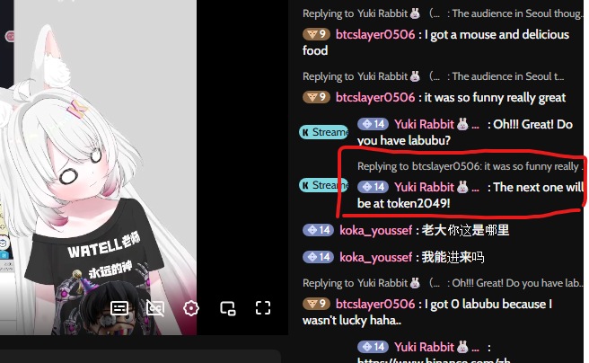 [추가소식] <a href="/Sidekick_Labs/">Sidekick</a> 의 미녀  

Yuki rabbit 누님 방송에 가서 

서울에서 LOL event 본 거 정말 좋았다고 하시니

다음 이벤트는 token 2049 에서 열린다고 하시네요!

이걸 <a href="/ramztd/">람쥐썬더 Ramz(3/3) $M | 🐜</a> 님 방송에서 말씀드리니 친절하게 token 2049가 뭔지 검색 해주셨는데 10월에 열리는 행사라고 합니다!