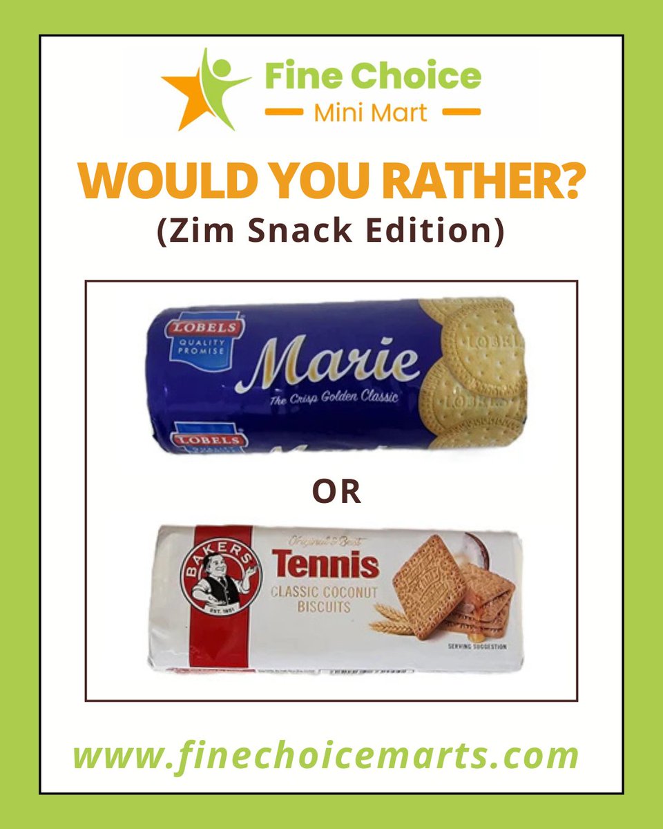 FineChoiceMarts's tweet photo. ZIM SNACK WARS: Marie 🆚 Tennis Biscuits!

🔥 VOTE NOW:
❤️ = Marie (dunking royalty)
🔁 = Tennis (coconut legend)
🏆 The 1st to reply with the best memory enters our Foodie Hall of Fame (eternal bragging rights!)
💬 Tag your snack rival!

#ZimSnackWars #foodpoll https://t.co/1w2kax7cAS