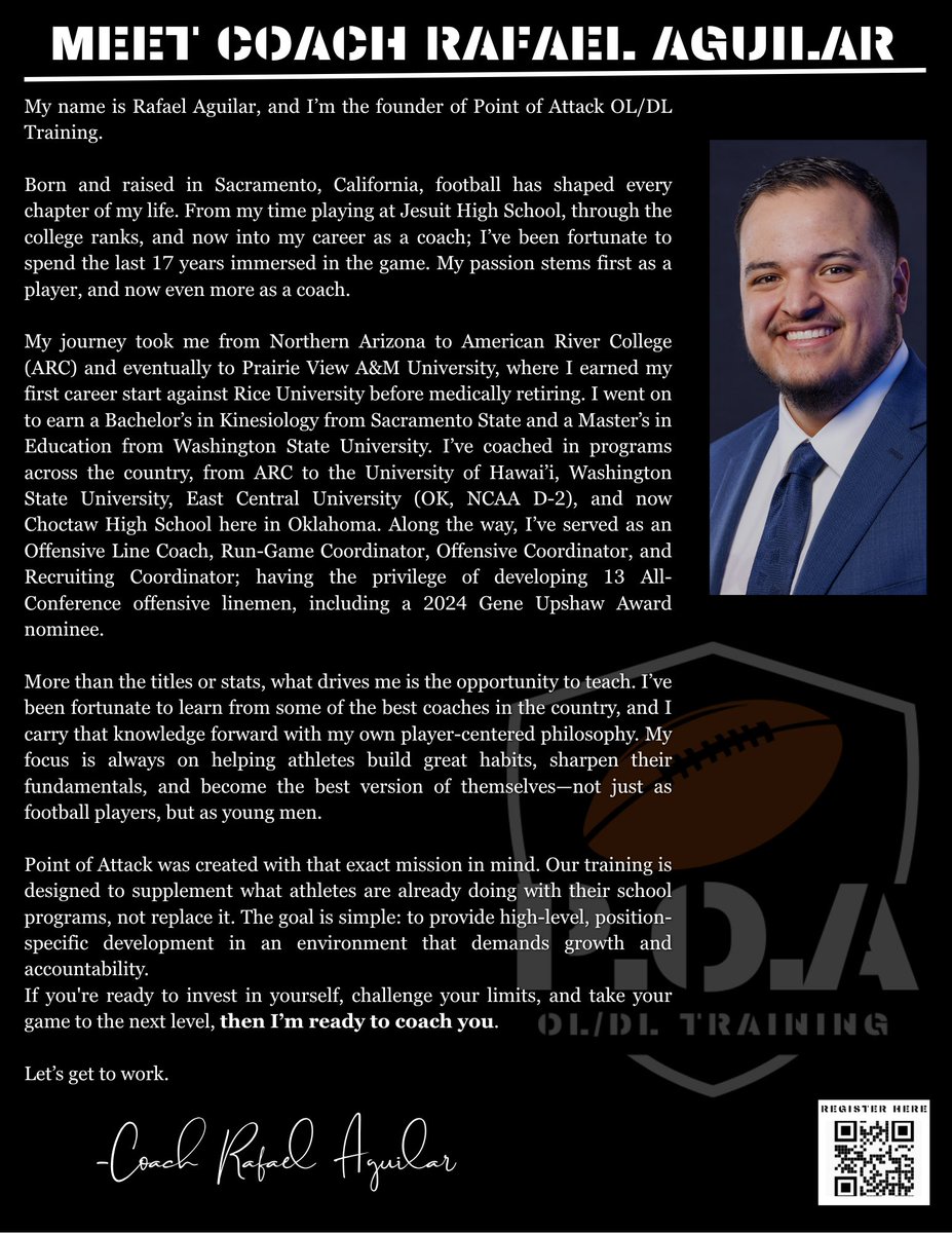If you are ready to invest in yourself, challenge your limits and take your skillset to the next level, we are ready for you! Get to know Coach Aguilar! #POAFootball #OLDL #TrenchWork #WinUpFront