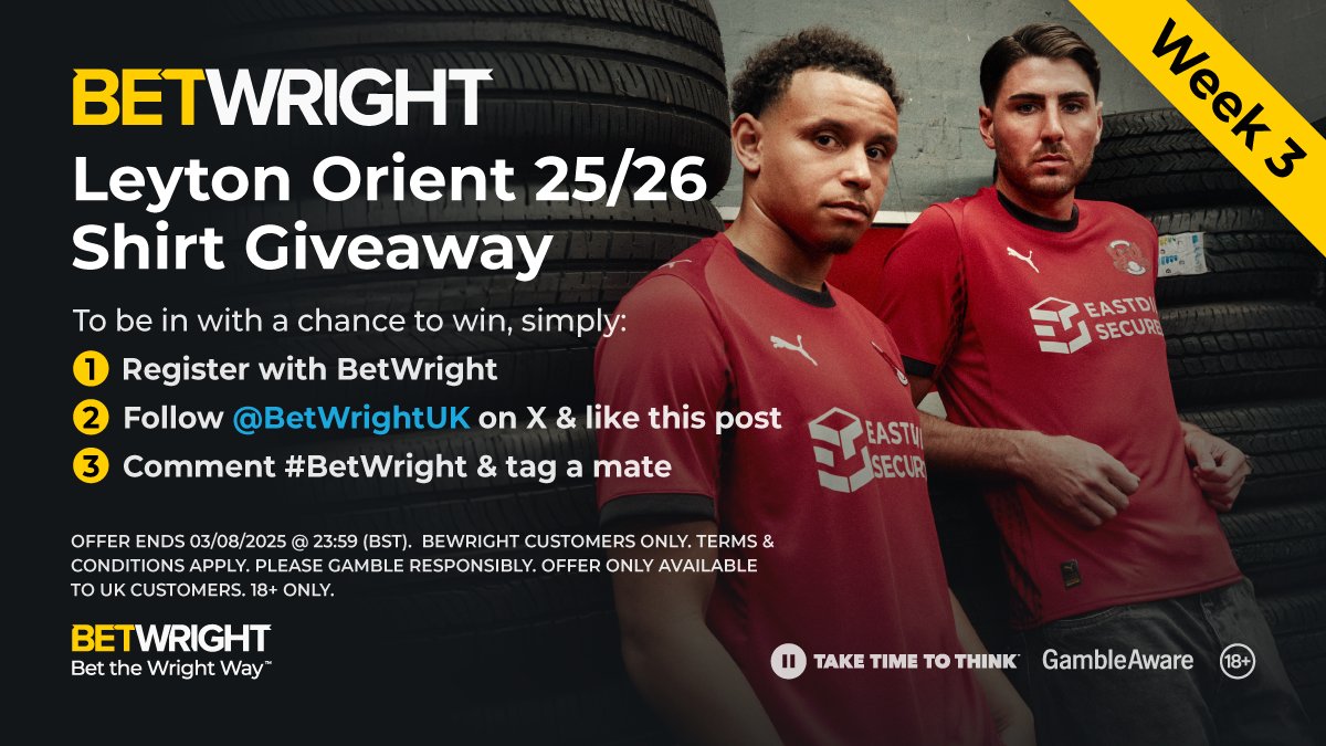 Leyton Orient Giveaway! 🚨Week 3 of 5🚨

Fancy getting your hands on the brand-new 25/26 home shirt?

To be in with a chance to win, simply:   
1⃣ Register with BetWright 
2⃣ Follow <a href="/BetWrightUK/">BetWright</a> on X and like this post   
3⃣ Comment #BetWright and tag a mate 

🔞UK 18+only. Ends