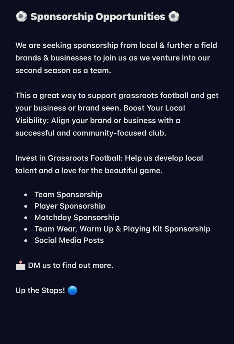 StopsleyUtdRes's tweet image. ⚽️ Sponsorship Opportunities ⚽️
#StopsleyUnited #Luton #UpTheStops
#BedsCounty #BedsFA #LocalFootball #PreSeason