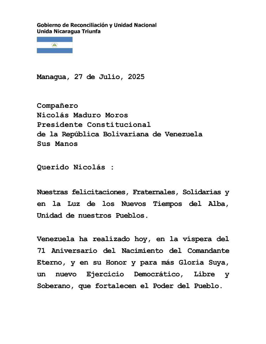 Desib_b's tweet image. COMUNICADO 📄

En representación del Presidente Nicolás Maduro, extendemos nuestro agradecimiento a los compañeros Daniel Ortega y Rosario Murillo por sus amables felicitaciones tras el éxito de las elecciones municipales y la tercera Consulta Nacional Popular.

#ไทยกัมพูชา