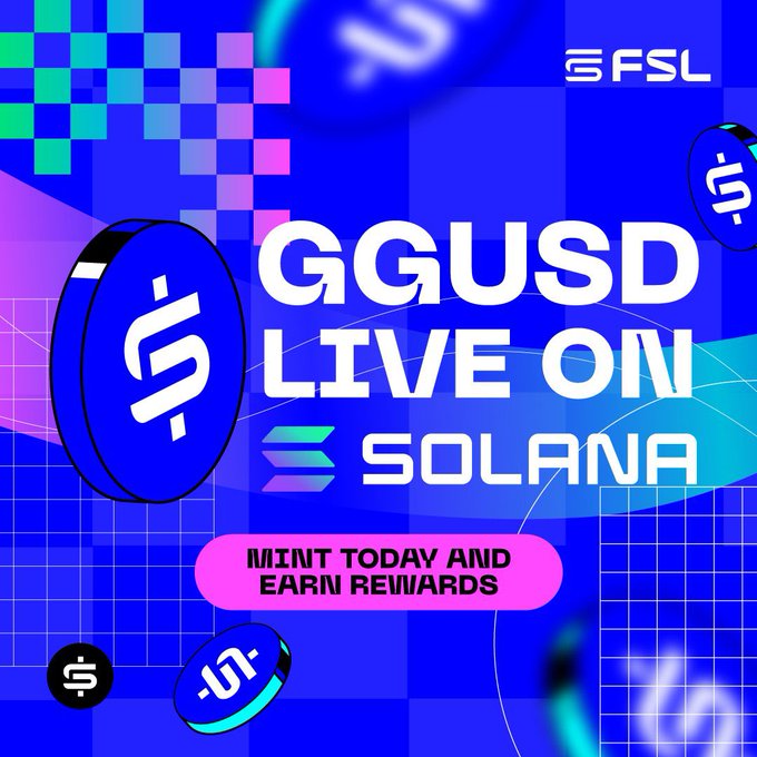GGUSD已上线Solana宣传图，带有硬币设计和铸造奖励文字