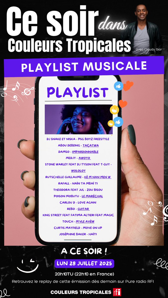 Couleurs Tropicales (@ctropicalesrfi) on Twitter photo Ce soir dans #CouleursTropicales <a href="/Claudy_Siar/">Claudy Siar</a> propose une escapade musicale avec <a href="/djsnake/">DJ SNAKE</a> <a href="/Niska_Officiel/">NISKA 🦅</a> #AbouDebeing <a href="/THEDAMSO/">le rappeur damso</a> <a href="/Medjy/">Omar Medhat</a> #StoneMarley @DjTyson <a href="/rutshelle/">Rutshelle Guillaume</a> <a href="/DoraSupremacy/">Theodora Supremacy</a> <a href="/jul/">Jul</a> <a href="/PoisonMobutu/">Poison Mobutu</a> #REBo #KingStreet <a href="/DJMAGICTOUCHUG1/">DJ MAGICTOUCHUG 🎛</a> #JosephineBaker et bien d'autres🔥😎🎶 Ce soir dans #CouleursTropicales <a href="/Claudy_Siar/">Claudy Siar</a> propose une escapade musicale avec <a href="/djsnake/">DJ SNAKE</a> <a href="/Niska_Officiel/">NISKA 🦅</a> #AbouDebeing <a href="/THEDAMSO/">le rappeur damso</a> <a href="/Medjy/">Omar Medhat</a> #StoneMarley @DjTyson <a href="/rutshelle/">Rutshelle Guillaume</a> <a href="/DoraSupremacy/">Theodora Supremacy</a> <a href="/jul/">Jul</a> <a href="/PoisonMobutu/">Poison Mobutu</a> #REBo #KingStreet <a href="/DJMAGICTOUCHUG1/">DJ MAGICTOUCHUG 🎛</a> #JosephineBaker et bien d'autres🔥😎🎶