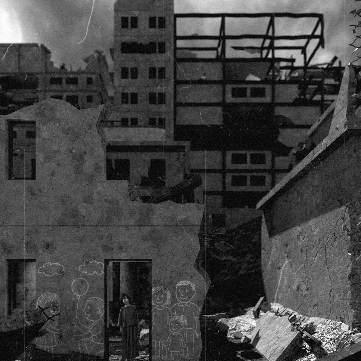 graffitiongrave's tweet image. 'The Door To Yesterday'
The war took everything yet on the crumbling stone,
love remains, drawn in chalk and memory.
She holds no toys, no hands,
only the weight of yesterday.
In a world turned to ash,
the innocence of a child's hope still dares to breathe.