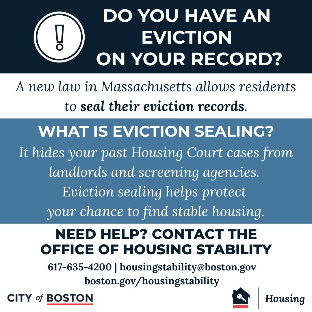 BostonNeighbor's tweet image. Do you have an eviction on your record? A new Massachusetts law allows you to seal your eviction record, protecting your housing future.
Contact the Office of Housing Stability to learn how: boston.gov/housingstabili…