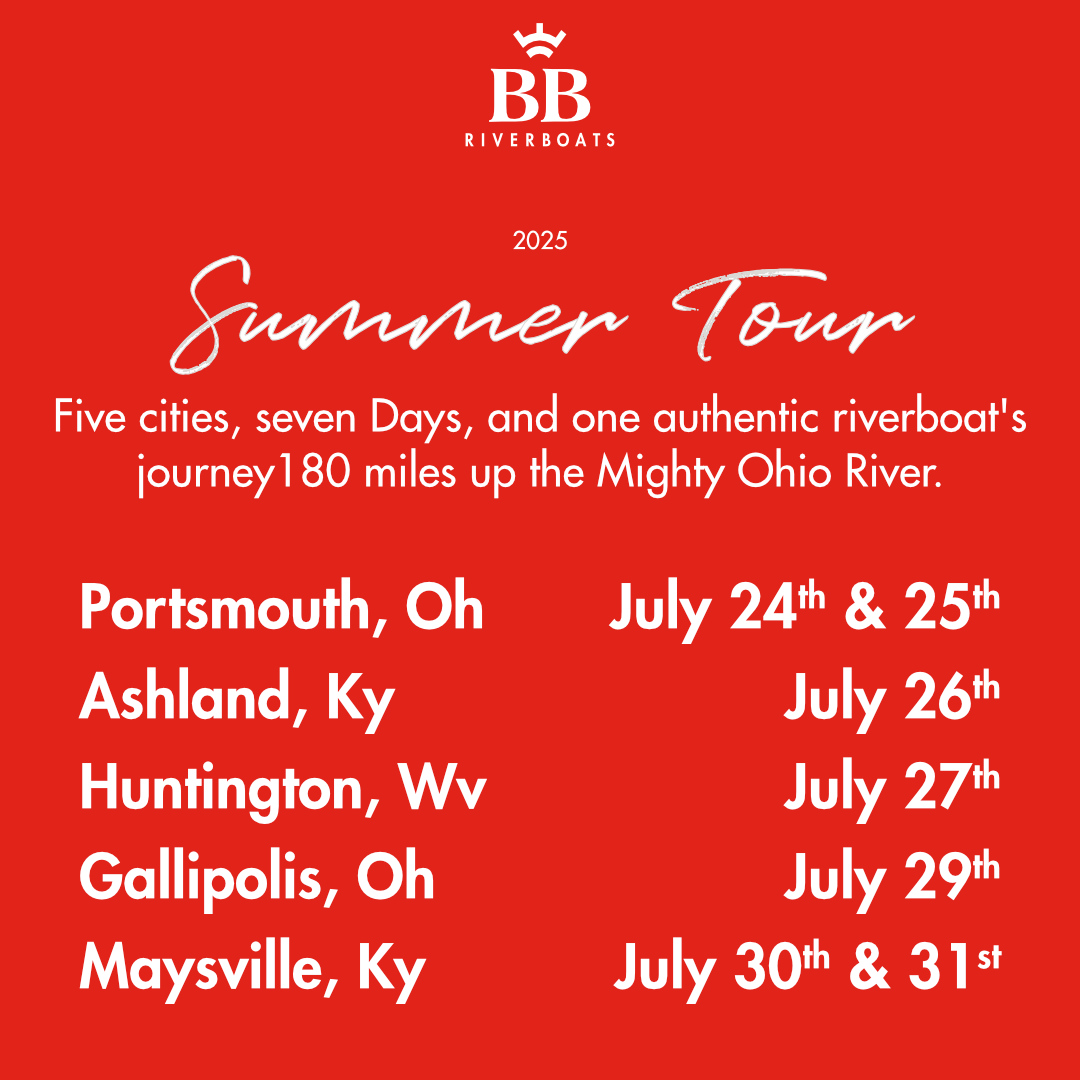 Our Summer Tour Cruise is sailing through Gallipolis this Tuesday, 7/29...don't miss out! We still have a few tickets left, so don't wait. Sail away with us while you still can 😎 ⛵

bbriverboats.com/summertour

#bbriverboats #rivercruise #summertourcruise #gallipolis