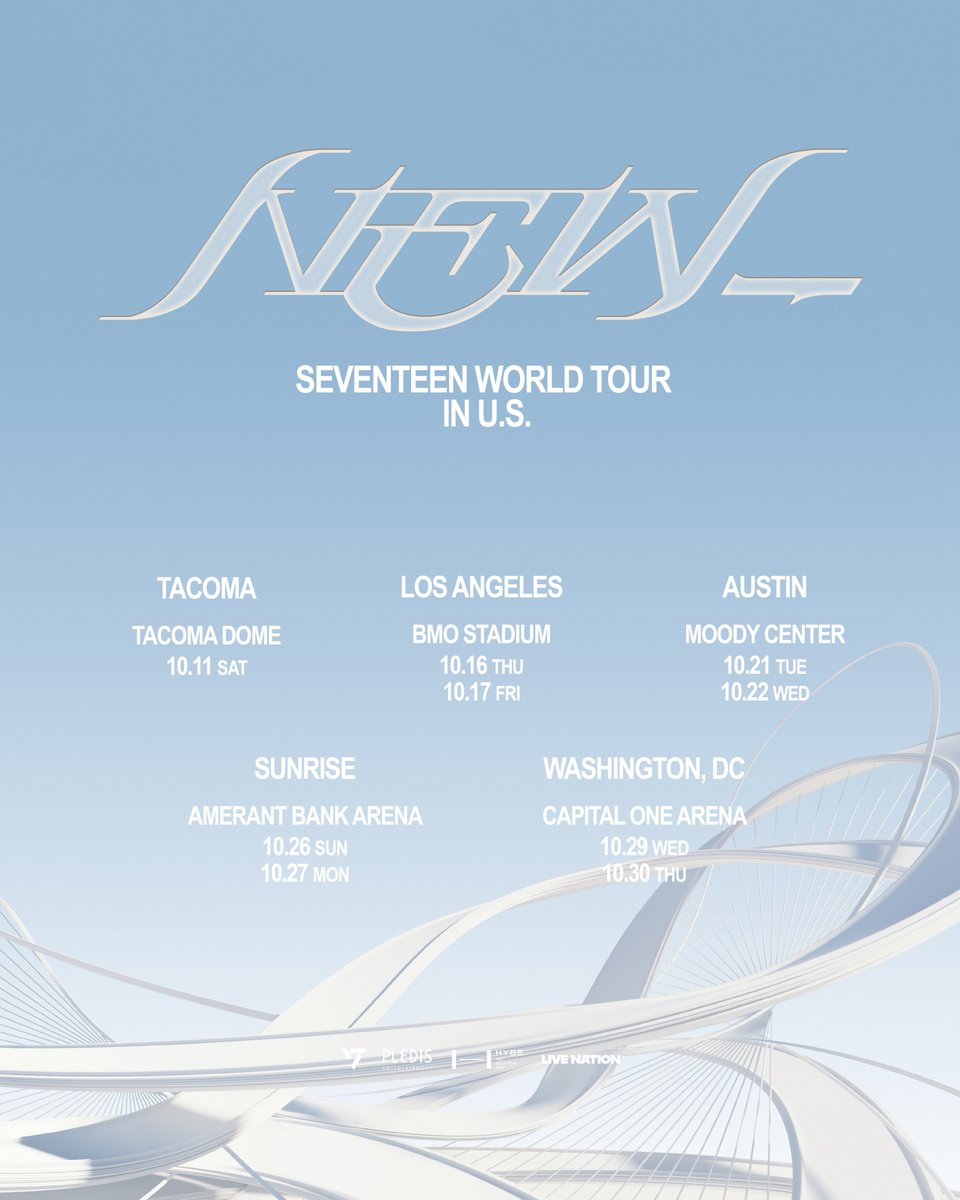 sounds_of_cheol's tweet photo. SEVENTEEN World Tour "NEW_" 

INCHEON 🗓️ Sept 13-14

TACOMA 🗓️ Oct 11
LOS ANGELES 🗓️ Oct 16-17
AUSTIN 🗓️ Oct 21-22
SUNRISE 🗓️ Oct 26-27
WASHINGTON, DC 🗓️ Oct 29-30

NAGOYA 🗓️ Nov 27, 29-30
OSAKA 🗓️ Dec 04, 06-07
TOKYO 🗓️ Dec 11-12
FUKUOKA 🗓️ Dec 20-21

(more stops soon) https://t.co/ZFz2UWWPfE
