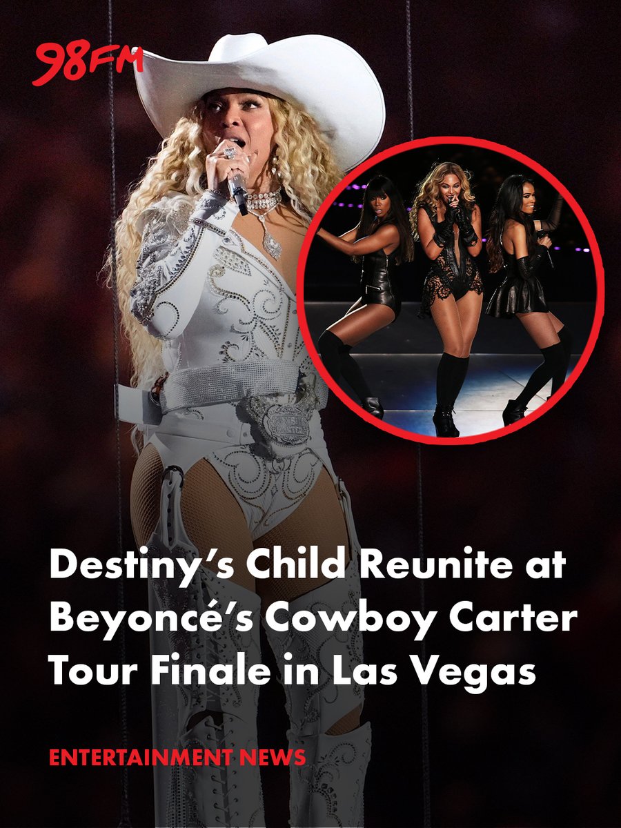 ✨ Destiny’s Child reunited during Beyoncé’s final Cowboy Carter show in Vegas—performing Lose My Breath, Bootylicious, and joining the Energy mute challenge live onstage. 🎤👑 

🔗 Read more on 98FM.com

#DestinysChild #BeyonceCowboyCarter #98FMEntertainment