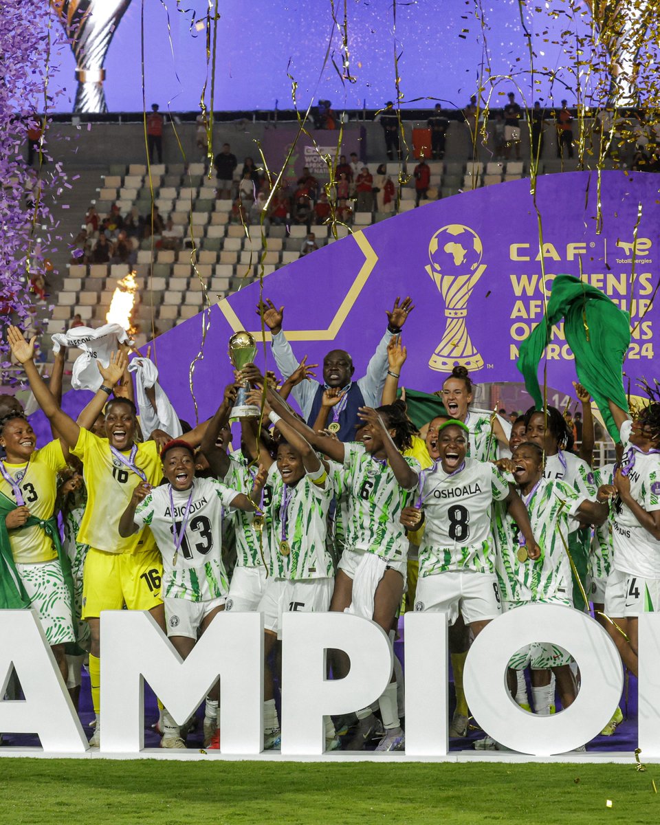🏆 Champions! 👑 

Nigeria solidified their status as Africa's most successful women's team, claiming their 10th triumph at the CAF Women’s Africa Cup of Nations 🇳🇬💪

Jennifer Echegini capped off a memorable comeback for the Super Falcons in the final played at Rabat's Olympic