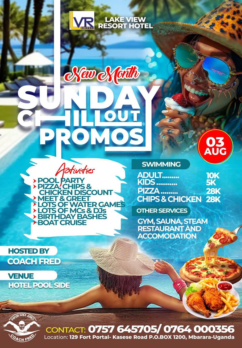 Lambertupdatess's tweet image. Join us this Sunday, 3rd Aug at Lake View Resort Hotel for the CHILLOUT SUNDAY PROMOS ποΈπ₯
Pool party, water games, MCs, DJs & big discounts on swimming, pizza, chips & chicken β and more! πππ
Donβt miss out!