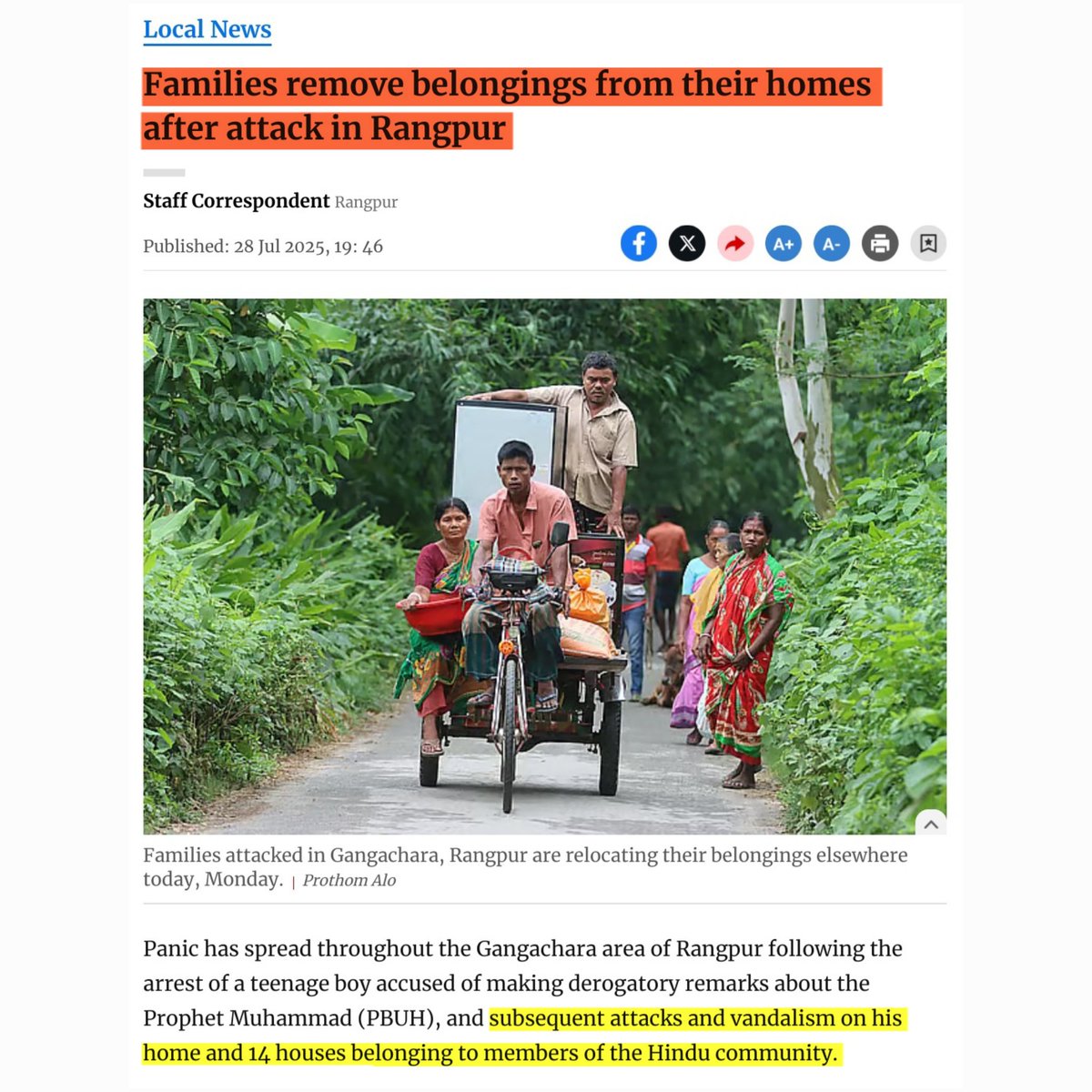Asifur Rahman Chowdhury (@asifurrahman71) on Twitter photo In Gangachara, Rangpur, following an accusation of religious defamation against a teenage boy, Hindu households were subjected to vandalism and looting. As a result of the attacks, families have been thrown into panic, fleeing with their livestock, harvested crops, and household In Gangachara, Rangpur, following an accusation of religious defamation against a teenage boy, Hindu households were subjected to vandalism and looting. As a result of the attacks, families have been thrown into panic, fleeing with their livestock, harvested crops, and household