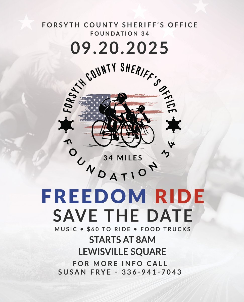 The Forsyth County Sheriff's Office and Foundation 34 are proud to present our first annual Freedom Bike Ride. The goal of this event is to raise money for programs that support our youth. To register for this event, click here: bit.ly/46wi4L4