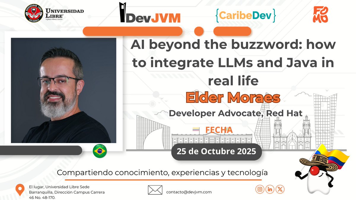 JUGBAQ's tweet image. 🚨 SPEAKER BOMBA para DevJVM Barranquilla:

ELDER MORAES (@elderjava) 🇧🇷
Developer Advocate @ IBM

&quot;AI beyond the buzzword: how to integrate LLMs and Java in real life&quot;

ChatGPT revolucionó el software. ¿Y los Java developers? ¿Nos quedamos atrás?

¡NO! Elder viene a mostrarte:…