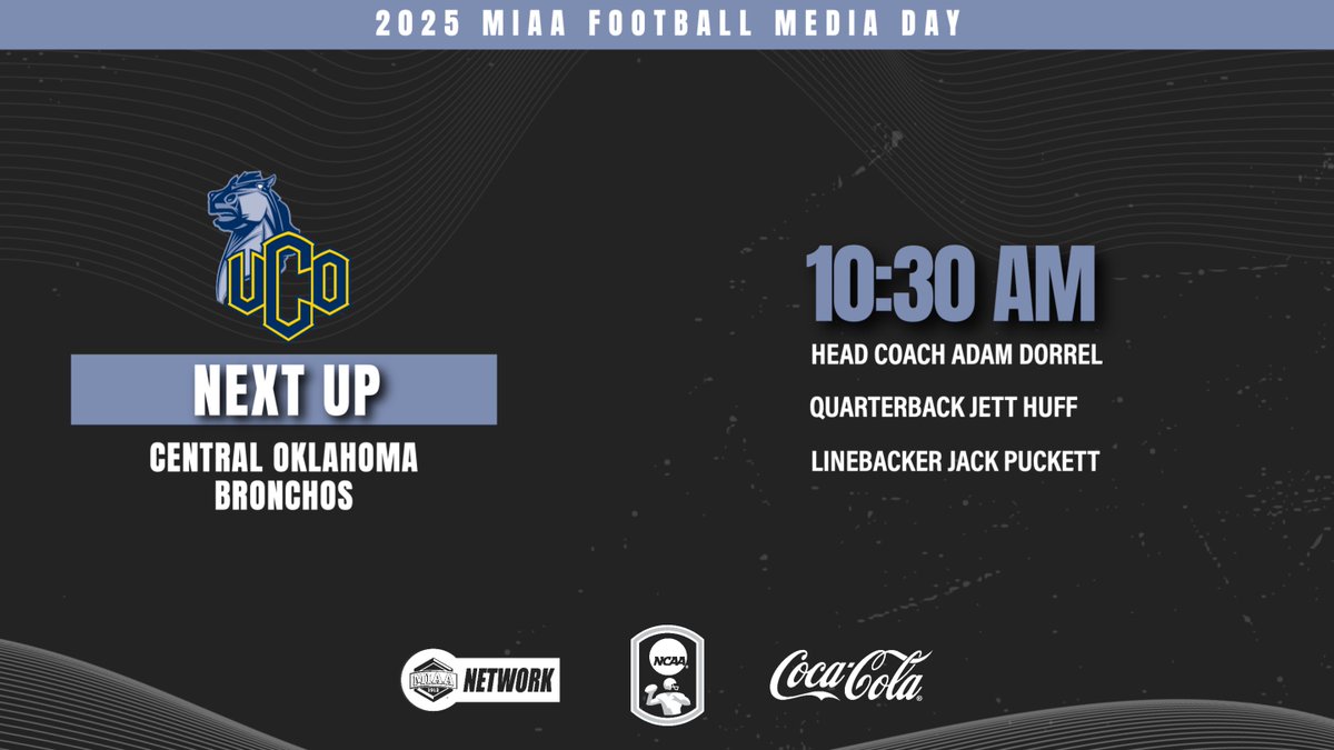 TheMIAA's tweet image. 𝐍𝐄𝐗𝐓 𝐔𝐏: Defending MIAA Champions are about to take the stage at the 2025 MIAA Football Media Day. 

Head Coach Adam Dorrel and All-MIAA players Jett Huff and Jack Pucket are in Emporia to represent the Bronchos. 

Watch the action live on TheMIAANetwork.com/MIAA!