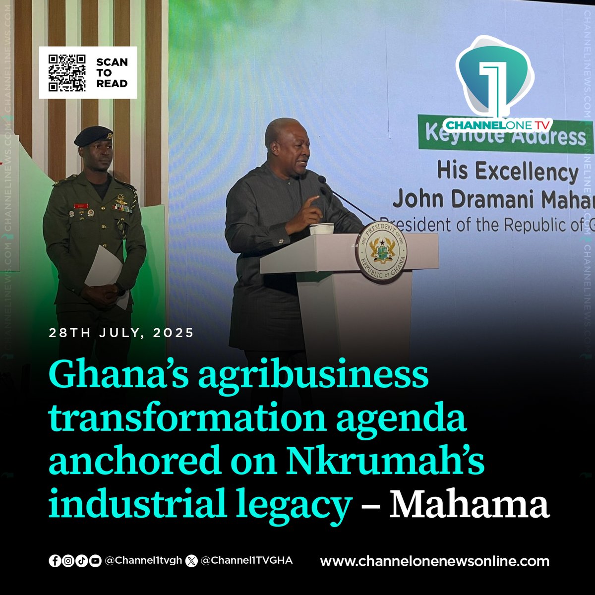 Channel1TVGHA's tweet image. President John Dramani Mahama has reaffirmed his administration’s commitment to transforming Ghana’s agribusiness sector through year-round productivity and strategic industrialisation initiatives, drawing inspiration from the vision of Ghana’s first president, Osagyefo Dr. Kwame…