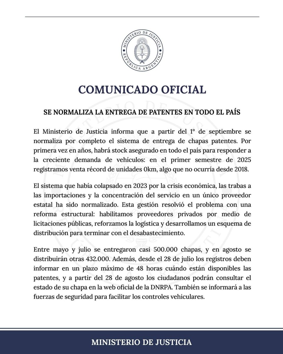NORMALIZACIÓN DE ENTREGA DE PATENTES
El Ministerio de Justicia informó que desde 1/09/25 se normaliza la entrega de chapas patentes. Sólo restaría que las autoridades comiencen a controlar a los "avivados" que sacan, adulteran o cubren las patentes.
#patentes #SeguridadVial