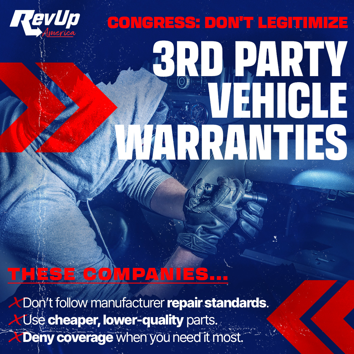 RevUpAmerica's tweet photo. Third-party car warranties promise peace of mind — but often deliver delays, denials &amp; sub-par repairs.

❌ Ignore repair standards
❌ Use cheap parts
❌ Deny claims

Unlike automaker warranties, they play by their own rules. Congress shouldn’t legitimize this broken system. https://t.co/ZVbqu1MFyE