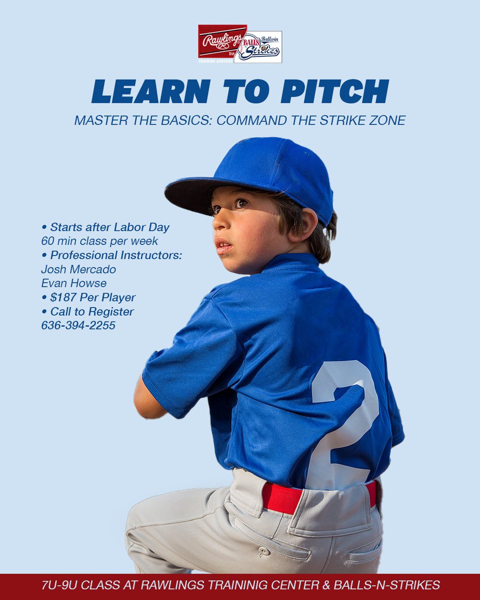 📢 Ready to take the mound?

Our Learn to Pitch class is built for beginners looking to master the basics and command the strike zone. .

📅 Starts after Labor Day
📍 Rawlings Training Center &amp; Balls-N-Strikes
📞 Call 636-394-2255 to claim your spot — limited availability!