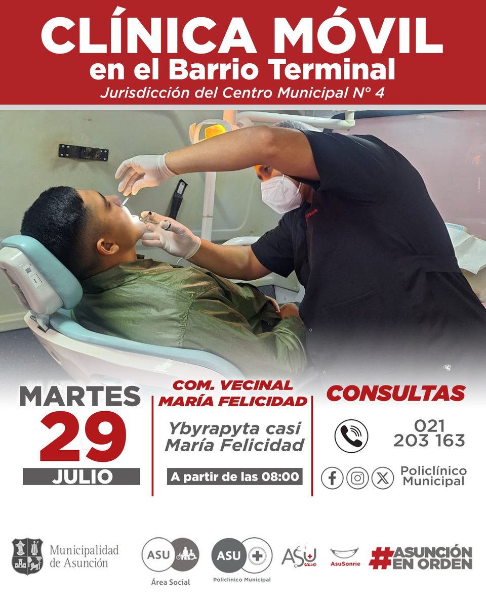 🚑 ¡La Clínica Móvil estará en el Barrio Terminal!👩🏻‍⚕️🧑🏻‍⚕️

Mañana martes , 29 de julio, estará en tu barrio el <a href="/policlinicoasu/">Policlínico Municipal de Asunción</a>  , con atención médica gratuita, desde las 8hs 🩺🧑🏻‍⚕️👩🏻‍⚕️

 📌 Comisión Vecinal María Felicidad