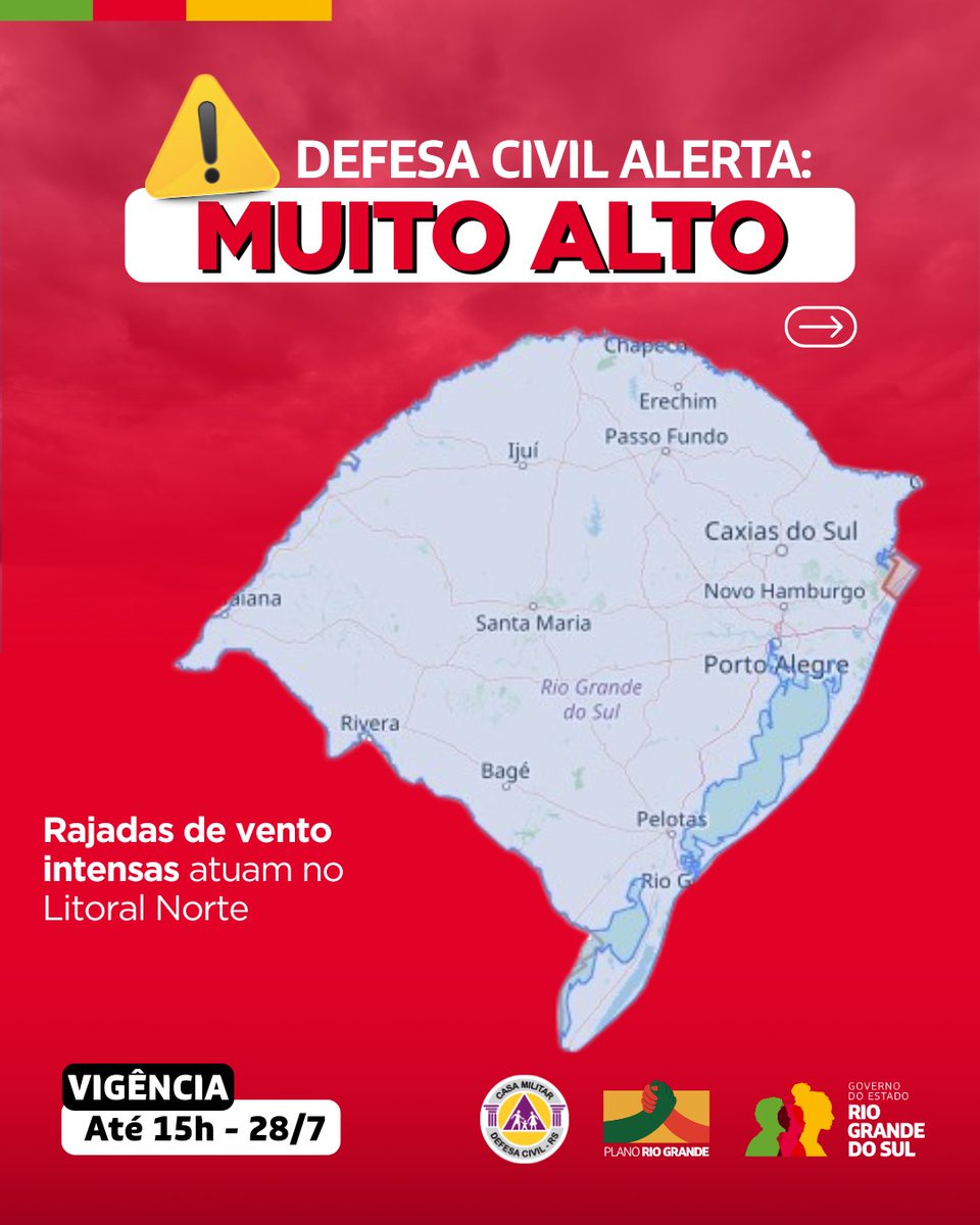 DefesaCivilRS's tweet image. Defesa Civil alerta para Alerta condição SEVERA para vento de 90 a 110 km/h no Litoral Norte. Risco MUITO ALTO de queda de arvores e energia. Risco ALTO de queda de árvores e energia. Válido até 15h do dia 28 de julho. Evite áreas de risco. Emergência ligue 190/193.