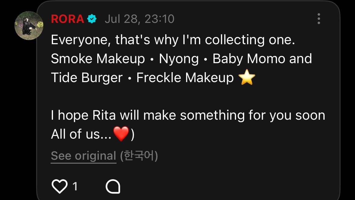 PandauRORA_Lee's tweet image. I was just thinking about this last night, haha
Rora - Ttid Burger
Ahy - BABY MOMO
so based from rora: for the rest of the members:
Asa - Nyong
Ruka - Smoke makeup
Canny- Freckles Makeup
They really have something to tease about for each member 🤣🤣🤣 rora will make sure she's…