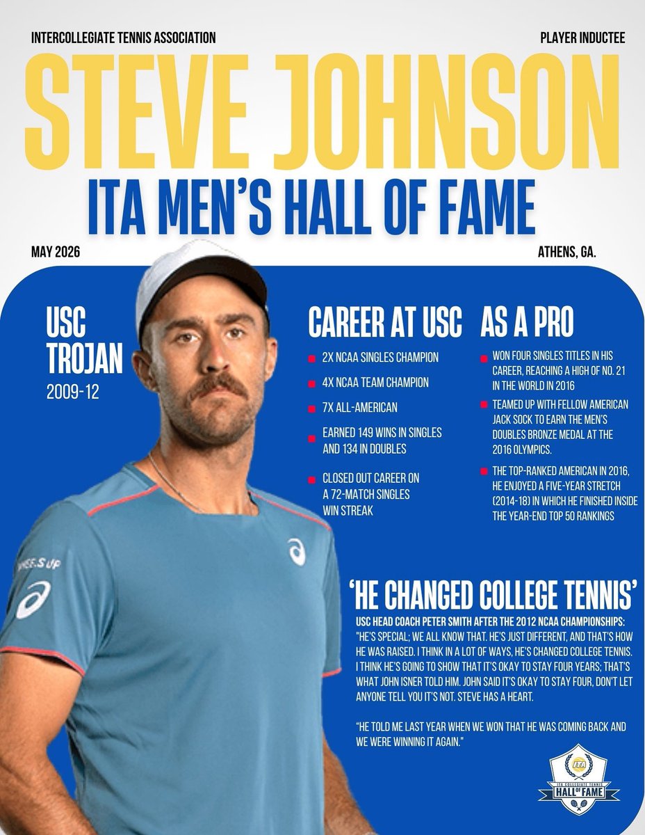 A Career Unlike Any Others 👏

Congrats to USC great Steve Johnson for being named as part of the ITA Men’s Collegiate Hall of Fame Class of 2026

#FightOn✌️ | 𝗧𝗛𝗘 𝗣𝙇𝘼𝗖𝗘 𝗧𝗢 𝗕𝗘.
