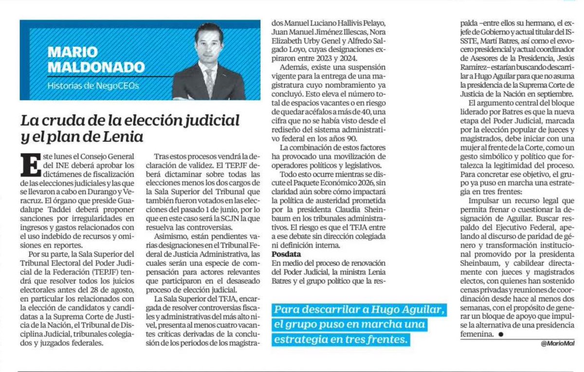 🗳️🔖 ¿Ya leyeron el Posdata de hoy de Mario Maldonado?

Échenle una leída.

Describe una trama en donde Lenia Batres y su grupo “…estarían buscando descarrilar a Hugo Aguilar para que no asuma la presidencia de la Suprema Corte de Justicia de la Nación en septiembre.”👇🏻