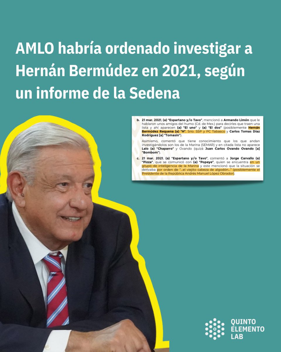🔎Un informe de la <a href="/Defensamx1/">@Defensamx</a> (Sedena), filtrado en los #GuacamayaLeaks, indica que en 2021, AMLO habría ordenado investigar a Hernán Bermúdez, secretario de Seguridad designado por <a href="/adan_augusto/">Adán Augusto López H</a>, entonces gobernador, por vínculos con “La Barredora”
👉🏽quintoelab.org/project/amlo-b…
