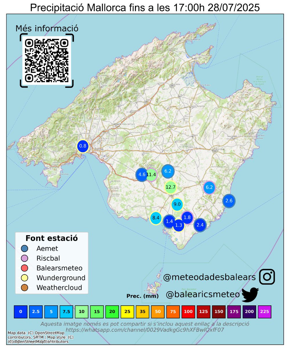 MeteoDadesBalears (@balearicsmeteo) on Twitter photo Precipitació acumulada Mallorca fins a les 17:00h 28/07/2025 #Mallorca
1️⃣ Campos, Son Bernardi (40m): 12.7 mm - wunderground
2️⃣ Ses Piquetes des Pèlec: 11.4 mm - riscbal
3️⃣ Campos, Finca Can Llop (18m): 9.0 mm - wunderground
<a href="/mallorcadiario/">mallorcadiario.com</a>
Més info:
whatsapp.com/channel/0029Va… Precipitació acumulada Mallorca fins a les 17:00h 28/07/2025 #Mallorca
1️⃣ Campos, Son Bernardi (40m): 12.7 mm - wunderground
2️⃣ Ses Piquetes des Pèlec: 11.4 mm - riscbal
3️⃣ Campos, Finca Can Llop (18m): 9.0 mm - wunderground
<a href="/mallorcadiario/">mallorcadiario.com</a>
Més info:
whatsapp.com/channel/0029Va…