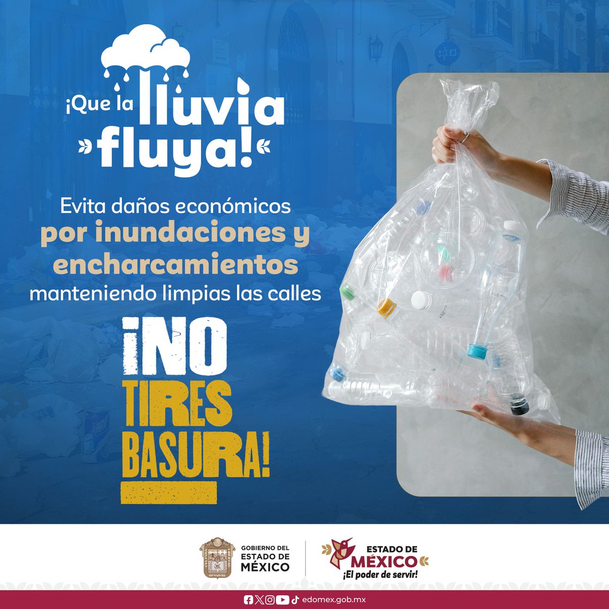 Las inundaciones pueden generar daños significativos en casas, autos y negocios. Una simple acción como no ensuciar evita que el agua se estanque y dañe tu patrimonio. 
¡No tires basura! 
#LimpiemosEdoMéx #ElPoderDeServir