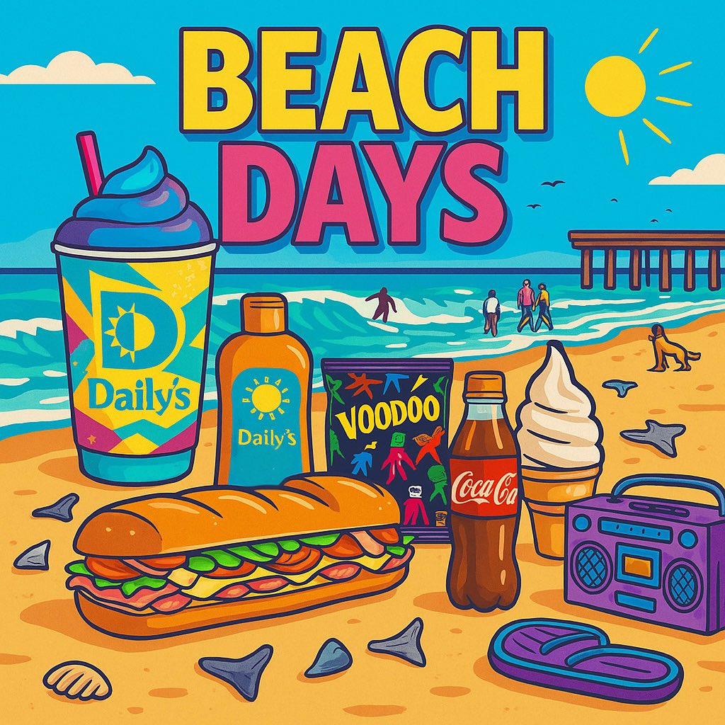 Beach Days are better with Daily’s! 🌞🌊 We’ve got all of your favorites- stop in on the way to your next beach day for snacks, cold drinks, and fresh, made-to-order subs and wraps.