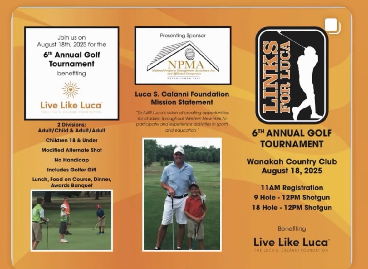 Links For Luca golf tournament at Wanakah CC on August 18. 

Supports financially disadvantaged youth by creating opportunities and experiences 

2 separate divisions

Adult/Adult &amp; Adult/Child (under 18)

Chapman System 

LiveLikeLuca.com