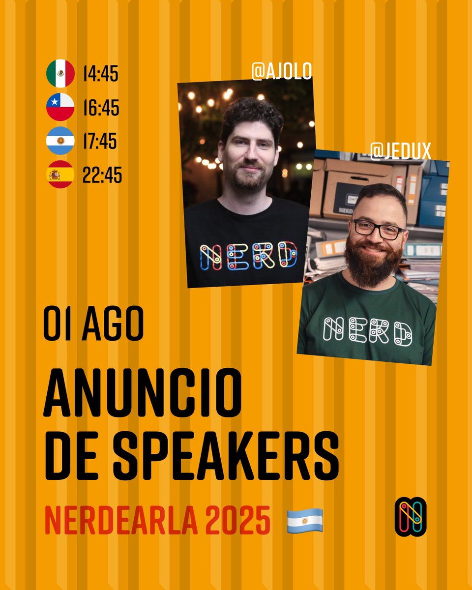 nerdearla's tweet image. ¡Anuncio de speakers de #Nerdearla 🇦🇷! 💥

El próximo viernes 01/08 vamos a presentar el line-up 2025 y compartir algunas de las sorpresas que tenemos preparadas para la 12va edición de Nerdearla 🇦🇷

Te traemos una agenda cargada de contenido técnico y speakers de primer nivel de…