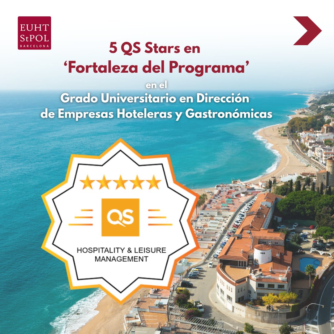 EUHTStPOL's tweet image. Nuestro Grado en Dirección de Empresas Hoteleras y Gastronómicas cuenta con 5 QS Stars en Fortaleza del Programa, otorgadas por Quacquarelli Symonds.
Una distinción que avala la calidad, empleabilidad e impacto internacional de nuestra formación.
#EUHTStPOL #QSStars #Hospitality