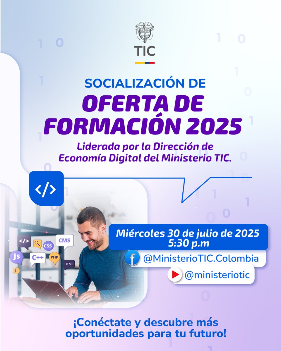 Talento Digital MinTIC (@talentodigcol) on Twitter photo ¡Agéndate con el <a href="/Ministerio_TIC/">Ministerio TIC</a>!
Este 30 de julio, a partir de las 5:30 p.m. compartiremos la #OfertaDED2025. ¡Conéctate y descubre cómo estamos preparando a la próxima generación de expertos TI!
🔍 Cuéntanos qué programa te gustaría explorar.
📲 web.facebook.com/MinisterioTIC.… ¡Agéndate con el <a href="/Ministerio_TIC/">Ministerio TIC</a>!
Este 30 de julio, a partir de las 5:30 p.m. compartiremos la #OfertaDED2025. ¡Conéctate y descubre cómo estamos preparando a la próxima generación de expertos TI!
🔍 Cuéntanos qué programa te gustaría explorar.
📲 web.facebook.com/MinisterioTIC.…