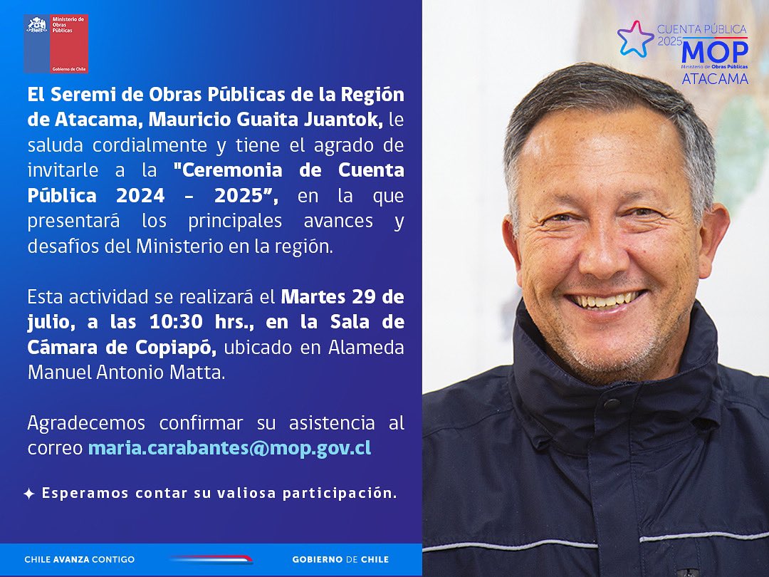 📢 👷‍♀️ 𝐓𝐞 𝐢𝐧𝐯𝐢𝐭𝐚𝐦𝐨𝐬 𝐚 𝐬𝐞𝐫 𝐩𝐚𝐫𝐭𝐞 𝐝𝐞 𝐥𝐚 𝐂𝐮𝐞𝐧𝐭𝐚 𝐏𝐮́𝐛𝐥𝐢𝐜𝐚 𝟐𝟎𝟐𝟒–𝟐𝟎𝟐𝟓 𝐝𝐞𝐥 𝐌𝐢𝐧𝐢𝐬𝐭𝐞𝐫𝐢𝐨 𝐝𝐞 𝐎𝐛𝐫𝐚𝐬 𝐏𝐮́𝐛𝐥𝐢𝐜𝐚𝐬 𝐞𝐧 𝐥𝐚 𝐑𝐞𝐠𝐢𝐨́𝐧 𝐝𝐞 𝐀𝐭𝐚𝐜𝐚𝐦𝐚!

📍 Martes 29 de julio | 11:00 horas
📌 Sala de Cámara, Copiapó.