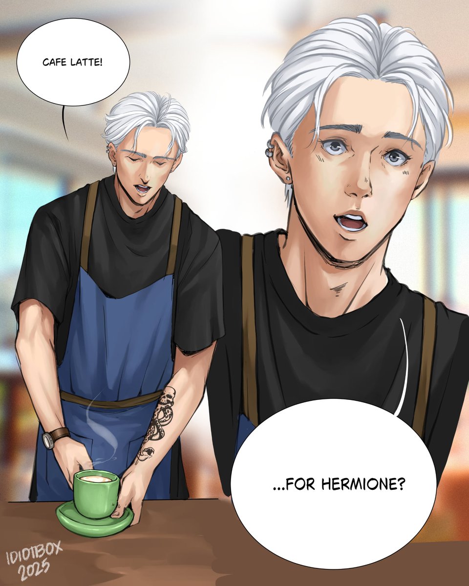 Muggle AU, Cafe owner Draco. Art inspired by this short story. I kinda left the dark mark on his left arm and gave him some piercings so he would look cool lol. #dramione #dhr #dracomalfoy #hermionegranger #fanfiction #fanart