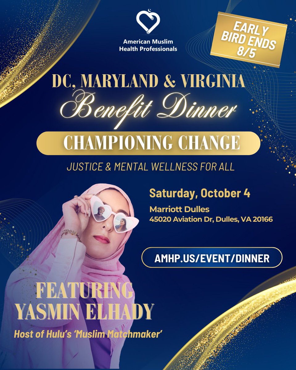 Haven’t gotten your tickets to AMHP’s DMV Benefit Dinner yet? 

🐣 Early Bird Ends Next Week!

Join us for a night to remember featuring the host of Hulu's Muslim Matchmaker! 

🗓️ Saturday, Oct 4 
📍Marriott Dulles, VA

🎟️ amhp.us/event/dinner