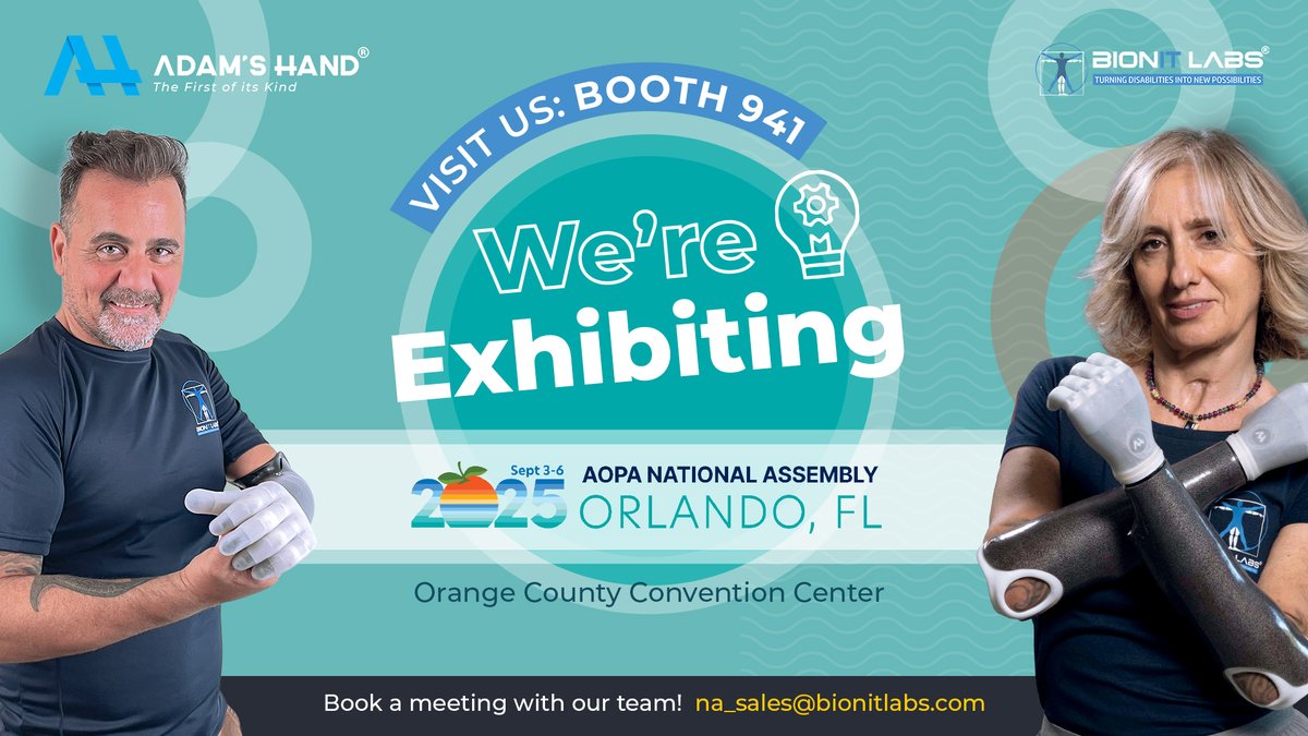 BionIT Labs (@adams_hand_) on Twitter photo An exciting new chapter is just around the corner — we're heading to 🇺🇸 #Orlando, #Florida for <a href="/AmericanOandP/">American Orthotic & Prosthetic Association (AOPA)</a> 2025!
🦾 Mark your calendars and come visit us at 📍BOOTH 941. Reserve your 30-minute slot with our NA team: bionitlabs.com/us/contact-us/
#AOPA2025 #AdamsHand #BionITLabs An exciting new chapter is just around the corner — we're heading to 🇺🇸 #Orlando, #Florida for <a href="/AmericanOandP/">American Orthotic & Prosthetic Association (AOPA)</a> 2025!
🦾 Mark your calendars and come visit us at 📍BOOTH 941. Reserve your 30-minute slot with our NA team: bionitlabs.com/us/contact-us/
#AOPA2025 #AdamsHand #BionITLabs