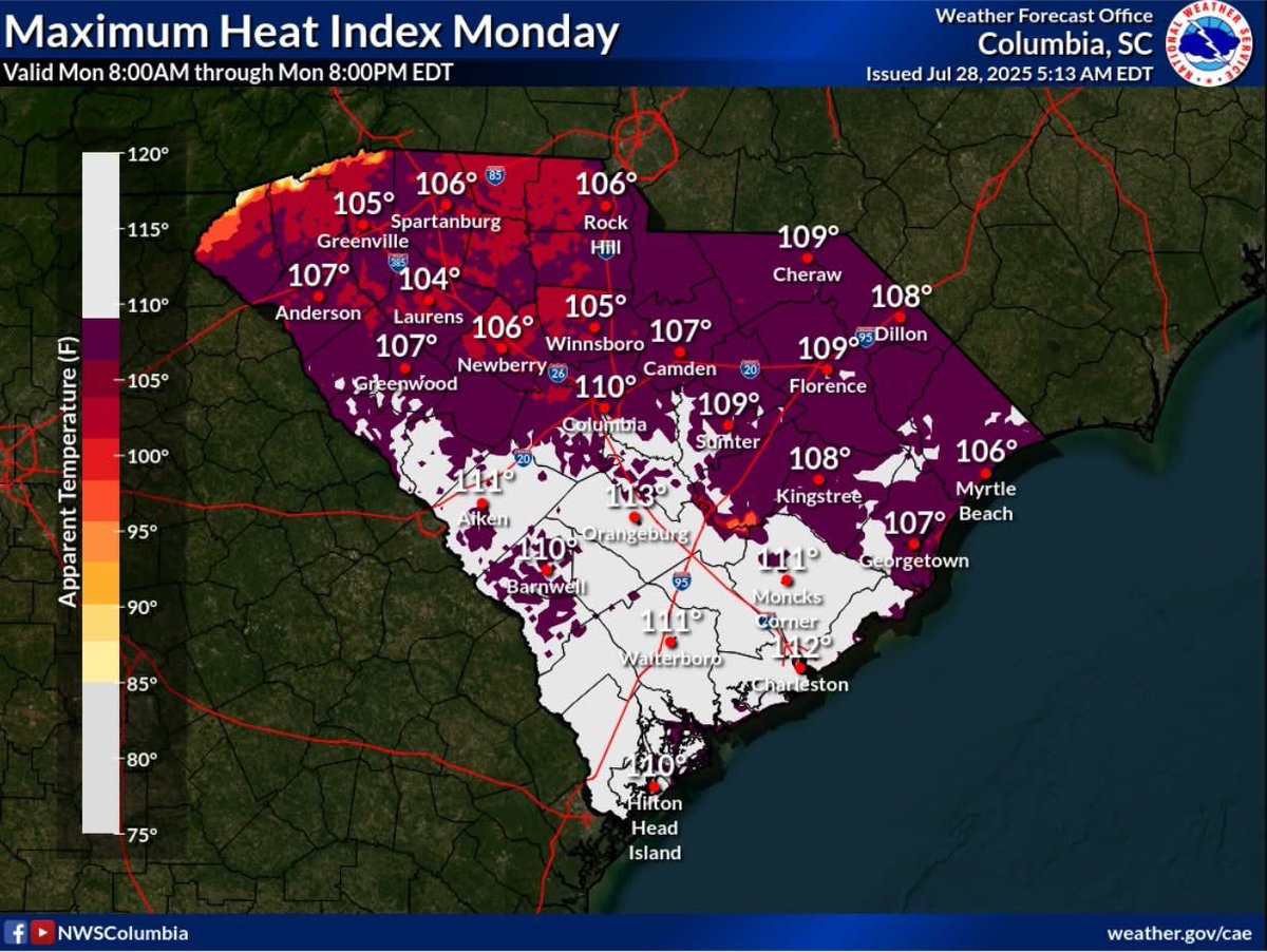 (7/28/25)
IT'S HOT! Temperatures and humidity continue to rise and dangerous heat continues into tomorrow. There are Extreme Heat Warnings in place today in the Lowcountry and Pee Dee regions. Take precautions if you are spending time outdoors.