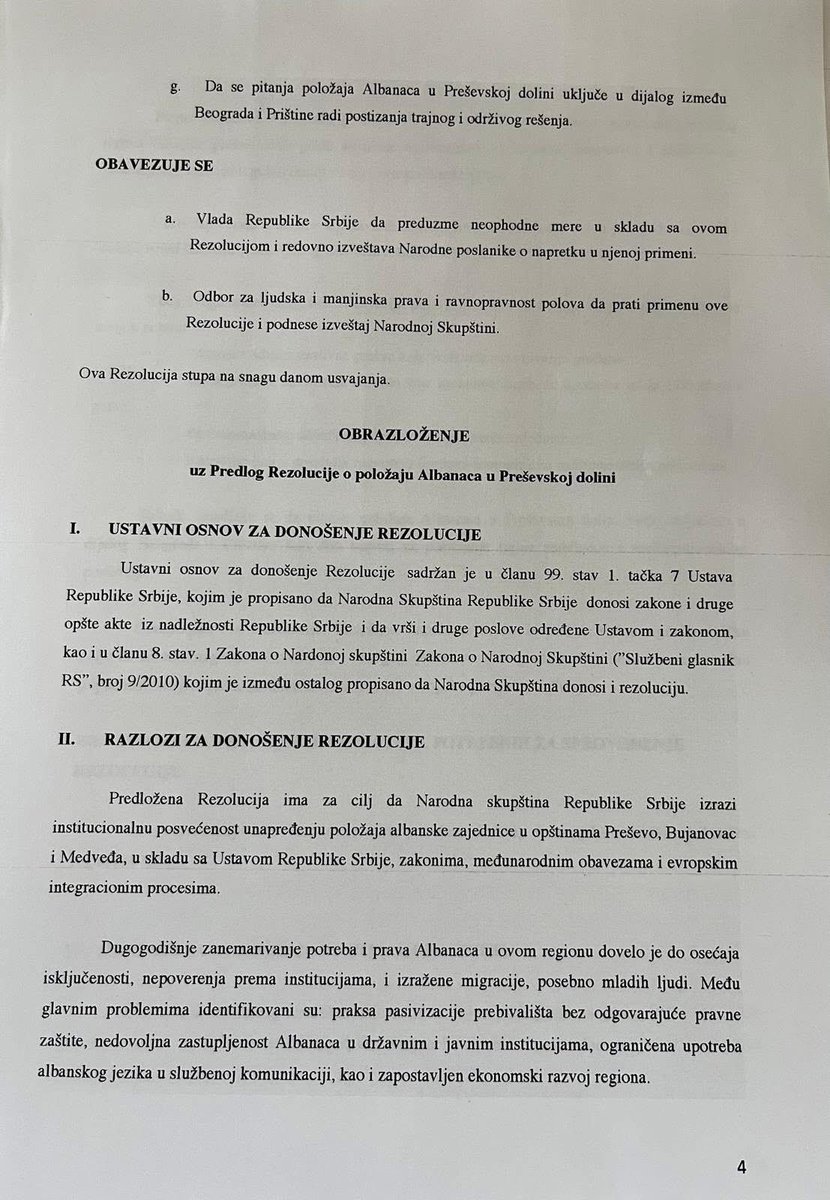 Today, a resolution was submitted to the Serbian Parliament addressing the discrimination against Albanians in 🇷🇸.

The resolution calls for implementing past agreements (2001, 2009, 2013), ending discriminatory administrative practices, ensuring language and education rights,