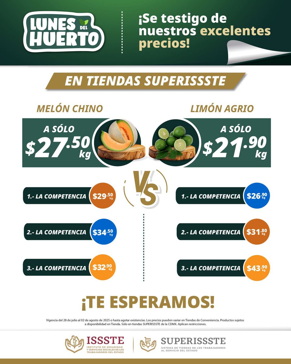 TUSUPERISSSTE's tweet image. ¡Que no te lo cuenten! 🍈🍋
En #TiendasSUPERISSSTE tu bolsillo manda, porque aquí sí encuentras precios que la competencia no supera.
Melón chino y limón agrio a precios que ninguna competencia supera.
¡Haz rendir cada peso y llena tu alacena con lo mejor del huerto! 🌿…