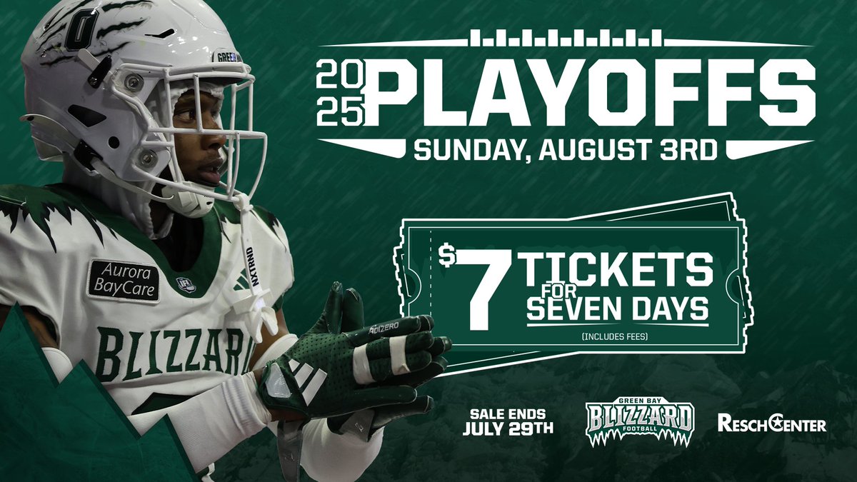 gbblizzard's tweet image. The $7 sale ends tomorrow, so DON&apos;T WAIT! You can see playoff football at the @reschcomplex this Sunday at 3 PM.
Get your tickets now: bit.ly/4lyOM37
#GoBlizz