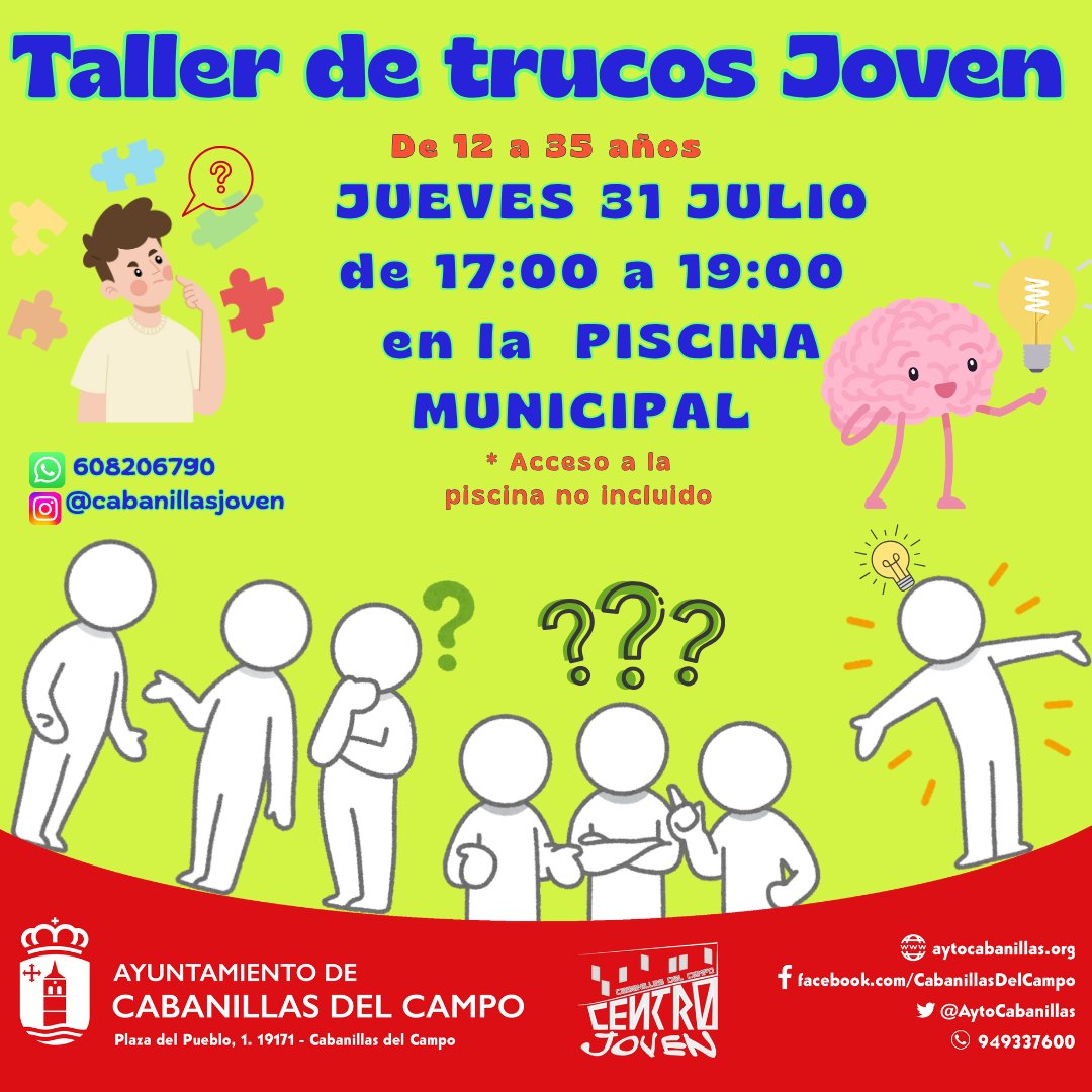 aytocabanillas's tweet image. ๐ TARDE JOVEN EN LA PISCINA PARA CERRAR EL MES
๐ Verano Joven en la Piscina: Taller de trucos
๐ฉ 12-35 aรฑos
๐
Jueves 31 JUL
๐ 17-19 h.
๐ Piscina Municipal (entrada no incluida)
๐ Inscripciones: 608206790
#CabanillasJoven
#CabanillasSeMueve
aytocabanillas.org/eventos/veranoโฆ