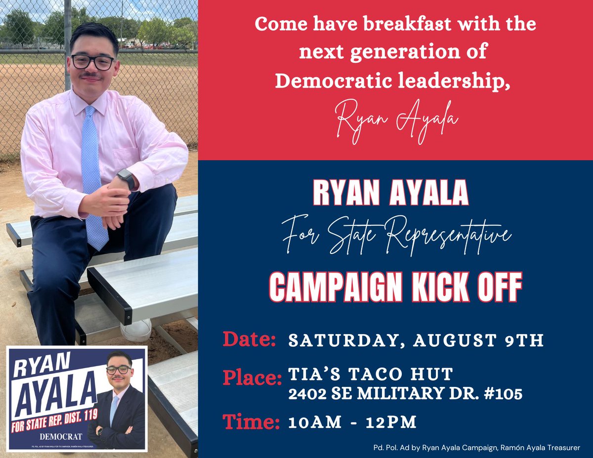 RyanForTX's tweet photo. 🌮🇺🇸 Rise &amp; Shine with Ryan! 🇺🇸🌮

Let’s kick off this campaign the right way: with tacos, community, and your next State Representative for District 119 - Ryan Ayala. 

📍 Tia’s Taco Hut | 🗓️ Saturday, August 9 | ⏰ 10 AM – 12 PM
#RyanForTX #TX119 #DemocratsOnTheRise https://t.co/F0HsNC3UeZ