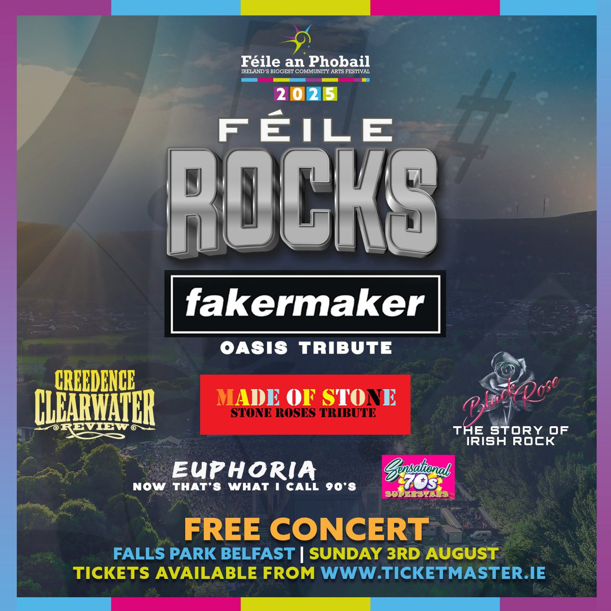 FeileBelfast's tweet image. 🎸ANNOUNCEMENT!!!🎸
FREE FÉILE CONCERT
FÉILE ROCKS!🤘
📅SUNDAY 3RD AUGUST
📍FALLS PARK
🎫Free Tickets Available Now from universe.com/events/feile-r…
🔸️FakerMaker - Oasis Tribute
🔸️Made of Stone - Stone Roses Tribute
🔸️Creedance Clearwater Review
🔸️Black Rose -…