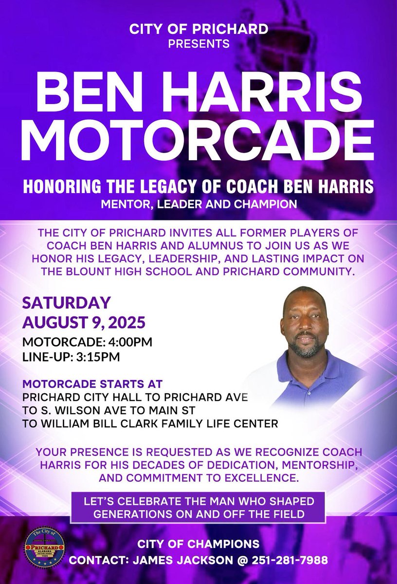 Josh Bean (@jbeanpoll) on Twitter photo It’s wonderful to see Prichard honoring <a href="/AHSAAUpdates/">AHSAA</a>/<a href="/BlountLeopards/">Mattie T. Blount High School 🐆</a> legend Ben Harris!
<a href="/ahsaaradio/">AHSAA Radio Network</a> <a href="/BenThomasPreps/">Ben Thomas</a>
<a href="/_ThomasAshworth/">Thomas Ashworth</a>
<a href="/WKRG/">WKRG</a>
<a href="/SimoneEli_TV/">Simone Eli</a> It’s wonderful to see Prichard honoring <a href="/AHSAAUpdates/">AHSAA</a>/<a href="/BlountLeopards/">Mattie T. Blount High School 🐆</a> legend Ben Harris!
<a href="/ahsaaradio/">AHSAA Radio Network</a> <a href="/BenThomasPreps/">Ben Thomas</a>
<a href="/_ThomasAshworth/">Thomas Ashworth</a>
<a href="/WKRG/">WKRG</a>
<a href="/SimoneEli_TV/">Simone Eli</a>